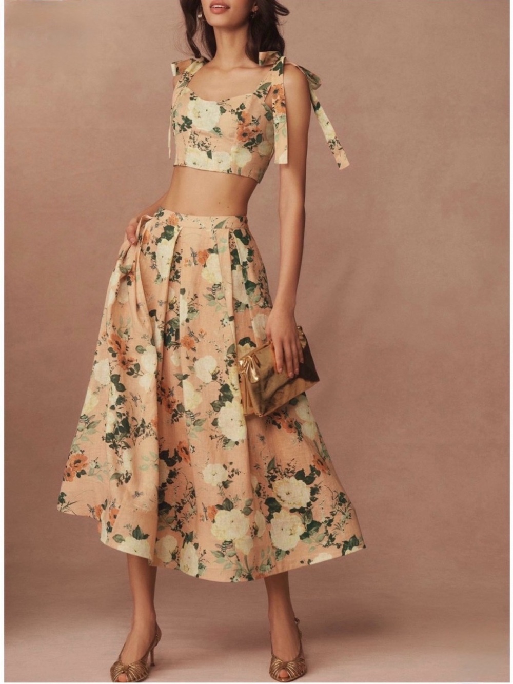 BHLDN Bailey Linen Blend Cami & Midi Skirt Set in Pink Floral